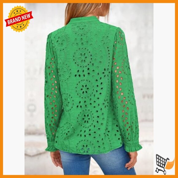 Long Sleeve Button Down Blouse with Floral Embroidery V-Neck Loose Fit - Picture 6 of 7